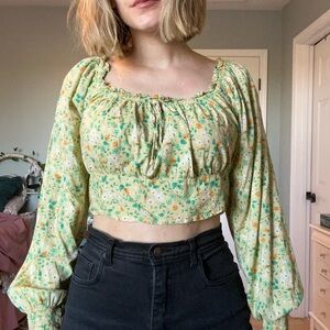 Bohemian, Floral Green and Yellow Cropped Blouse